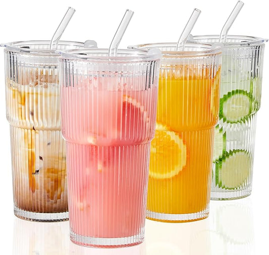 Wells 20oz Glass Cups with Lids and Straws, Ribbed Iced Coffee Cups, Thickened Drinking Glass Tumbler, Ideal for Coffee, Smoothies, Cocktails, and Juices, Clear, Set of 4