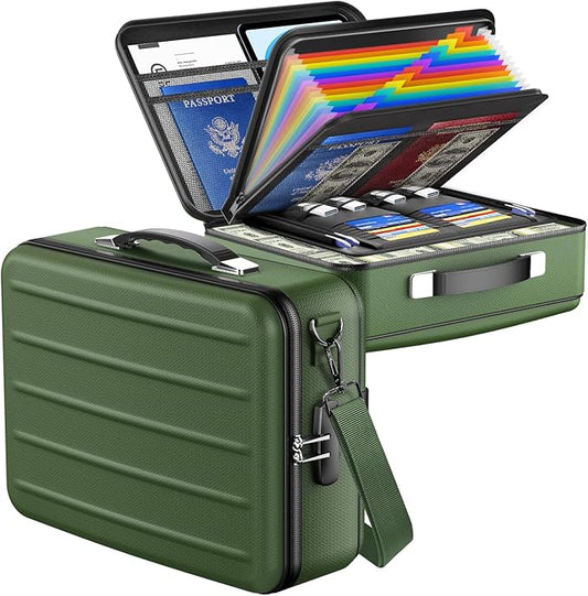 Fireproof Document Box with Lock, Hard-Shell Fireproof Safe for Home Documents, Portable Travel Fire Proof File Box for Passport Laptop Certificates, Alpine Green