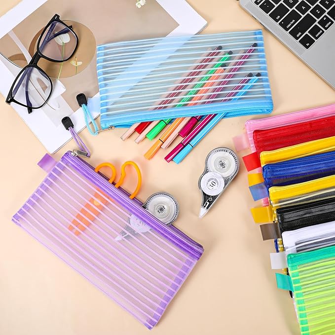 80 Pack Mesh Zipper Pouch, 10 Colors, Waterproof File Bags Document Reusable Zipper Pouches Multipurpose Travel Bags for Storage Organizing, Office, School, Makeup, Board Games, Home Supplies