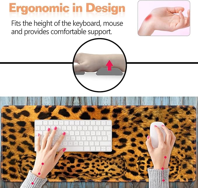 Ergonomic Keyboard Wrist Rest and Mouse Pad Wrist Rest Set, Large XXL Gaming Mousepad 31.5"x 11.8", Memory Foam, Easy Typing Pain Relief, Multifunctional Desk Mat for Office & Home, Leopard Print