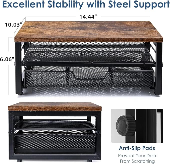 ARCOBIS Monitor Riser with Drawers and Pen Holders, Wood & Mesh Metal Computer Monitor Stand with Storage for Desk, Rustic Brown
