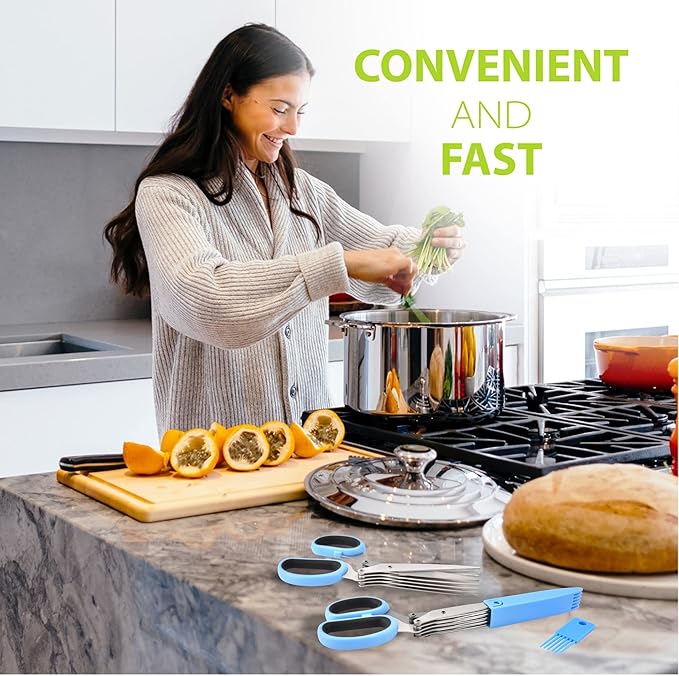 Herb Scissors with 5 Blades & Cleaning Kit, Stainless Steel Kitchen Shears for Herbs, Lettuce, Cilantro, Dishwasher Safe, Soft-Grip Handle