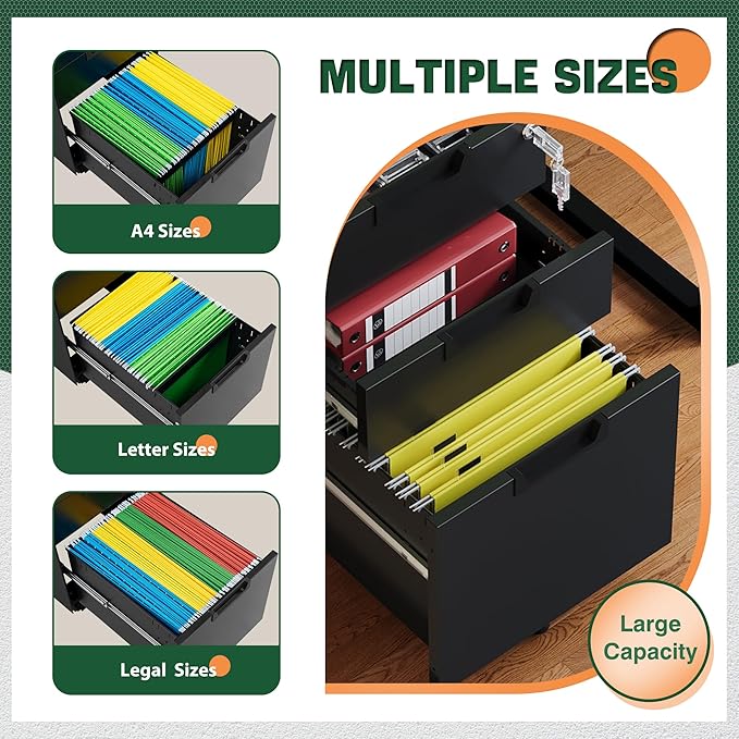 Letaya 3 Drawer Mobile File Cabinet with Lock,Under Desk Metal Small Filing Cabinets for Home Office Organizer Letters/Legal/A4(Fully Assembled Except Wheels-Black)