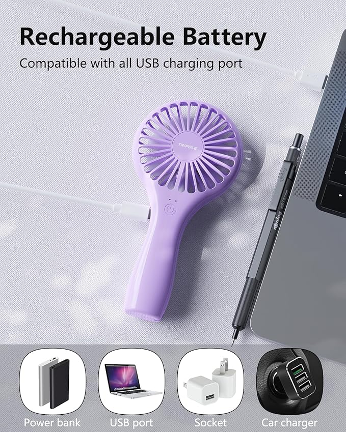 TriPole Handheld Mini Portable Fan, Personal Battery Travel Fan for Outdoor Trips Wedding Hot Flashes, Rechargeable & USB Powered, Small Lash Dryers for Eyelash Extensions, Purple