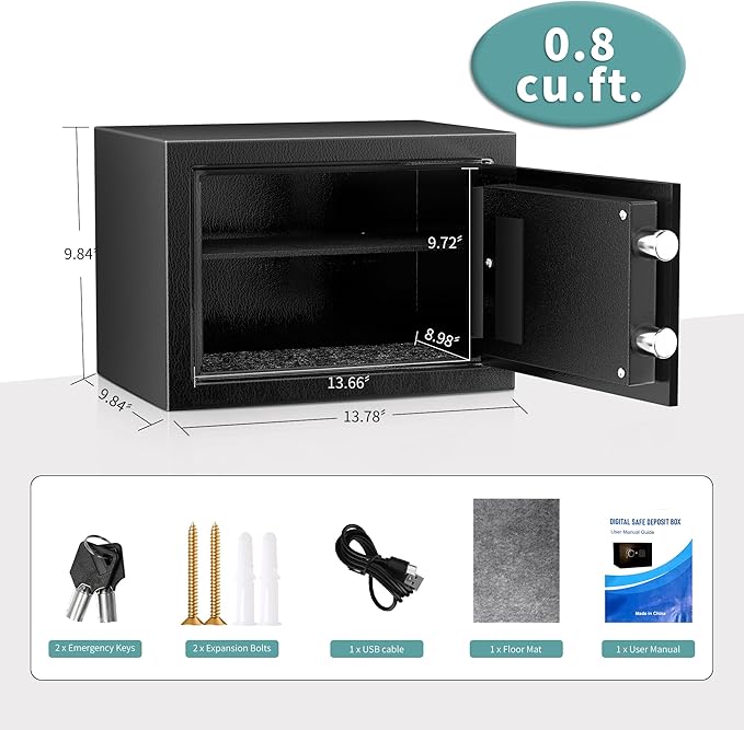 Safe,0.8 Cubic Feet Safe Box,Anti-Theft Digital Security Lock Box with Electronic Keypad and Key, Fire Proof Safes for Home Documents Firearm Medicine Money Valuables,13.8"W x 9.8"D x 9.8"H