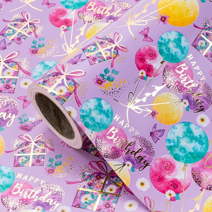 WRAPAHOLIC 30 Inch Purple Birthday Wrapping Paper - 30 Inch x 16.5 Feet - Gold Foil Fantasy Purple Happy Birthday Paper for Women Girls, Wedding, Bridal Shower