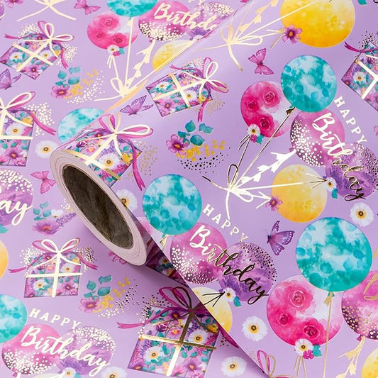 WRAPAHOLIC 30 Inch Purple Birthday Wrapping Paper - 30 Inch x 16.5 Feet - Gold Foil Fantasy Purple Happy Birthday Paper for Women Girls, Wedding, Bridal Shower