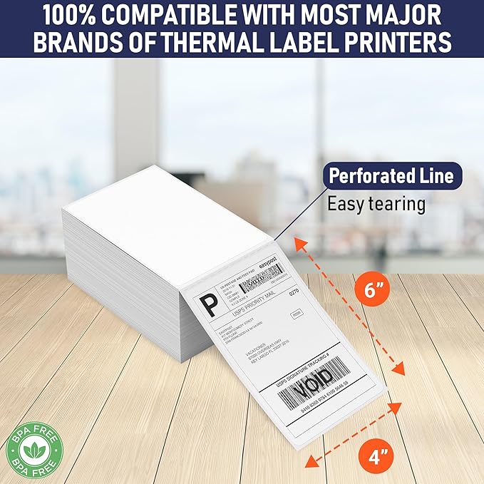 Thermal Shipping Labels 4x6, 1000 Labels/2 Stacks (500 per Stack) Commercial Grade with Permanent Adhesive, Fanfold Direct Thermal Printer Label Compatible with Zebra, Rollo, iDRPT, Polono, MUNBYN