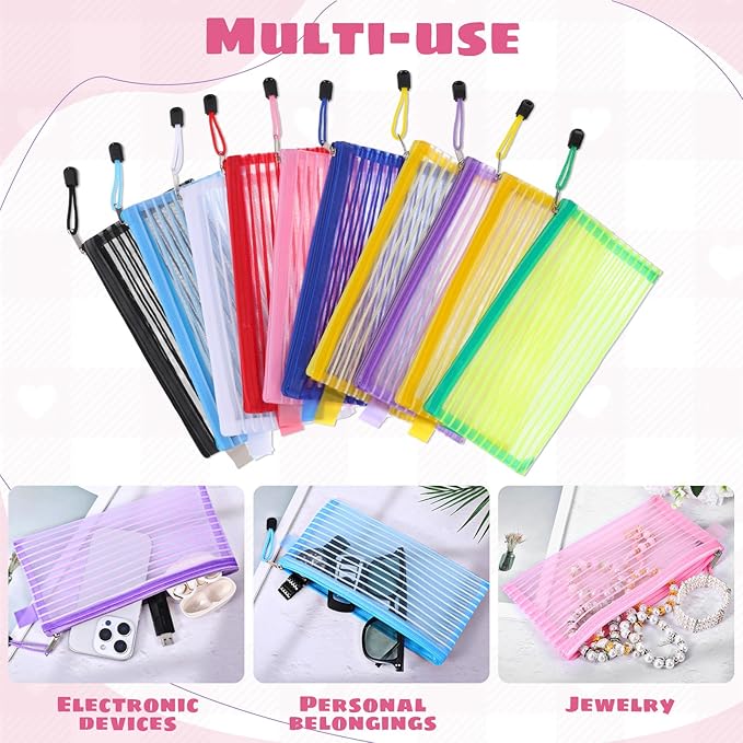 80 Pack Mesh Zipper Pouch, 10 Colors, Waterproof File Bags Document Reusable Zipper Pouches Multipurpose Travel Bags for Storage Organizing, Office, School, Makeup, Board Games, Home Supplies