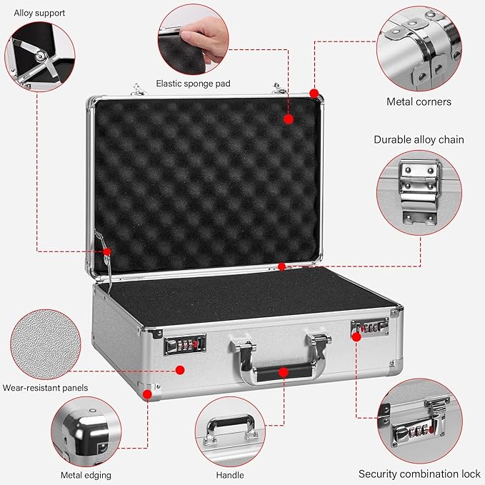 Security Lock Boxes - 18.9 x 14.6 x 6.3 Inch X-Large, Portable Locking Storage Totes with Dual Combination Locks, Medicine Lock Box, Lock Boxes for Personal Items, Cash & Briefcase - Silver