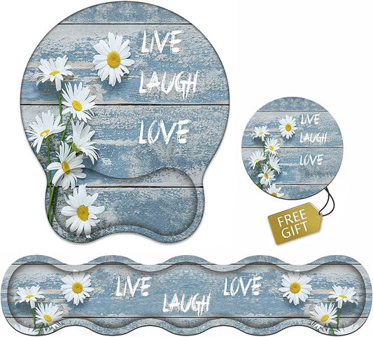 Keyboard Wrist Rest and Mouse Pad Wrist Support Set, Non-Slip Rubber PU Base for Home Office Working Studying Easy Typing & Pain Relief, Dreamy Daisy Vintage Wood Board Live Laugh Love