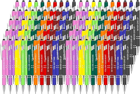 100 Pcs Inspirational Pens Bulk - Motivational Ink Ballpoint Pen with Quotes Stylus Tip Nurse Gifts for School Coworkers Office Supplies Black Ink