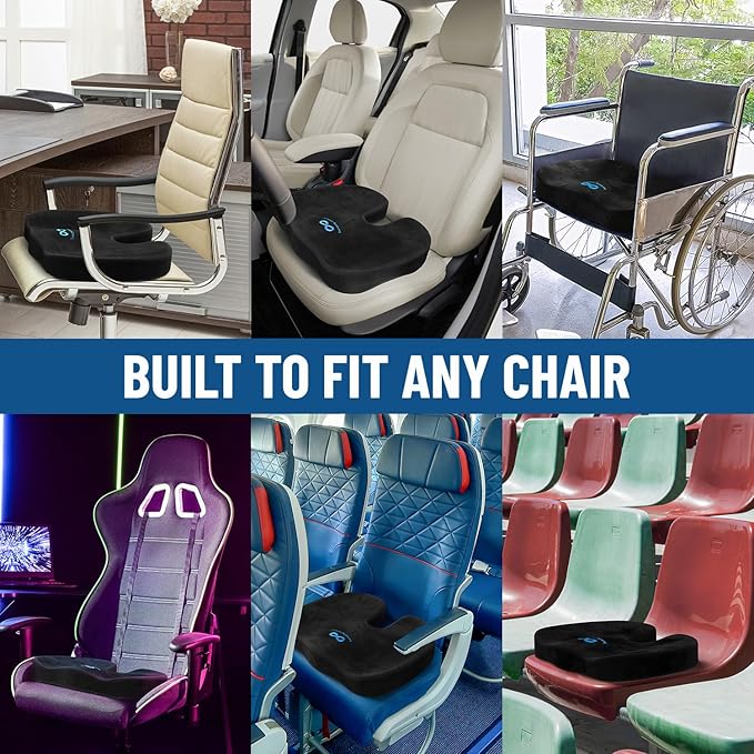 Everlasting Comfort Doctor Recommended Memory Foam Seat Cushion for Office Chairs & Car - Ergonomic Office Desk Accessories - Cushions for Tailbone Pain Relief, Sciatica (Black, Large)