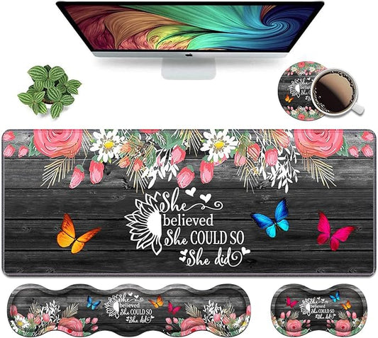 Ergonomic Keyboard Wrist Rest and Mouse Pad Wrist Rest Set, Large XXL Gaming Desk Mat 31.5"x 11.8",Non-Slip Base, Memory Foam,Easy Typing Pain Relief, Floral Quote She Believed She Could So She Did