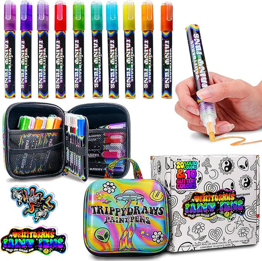 trippydraws 30 Premium Acrylic Paint Markers for Adults, Teens & Kids, Vibrant Paint Pens w/Trippy Carry Case, Smooth, Non-Toxic, Quick-Dry Colors for Scrapbooking, Drawing & Journaling Projects