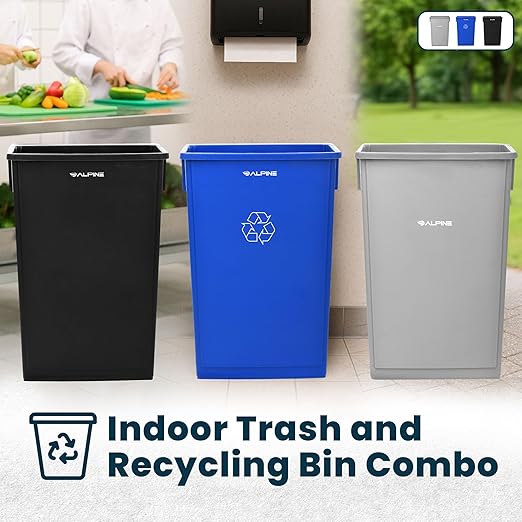 Alpine 23 Gallon Slim Recycling & Trash Bin Set – 3-Pack Blue/Black/Grey Plastic Narrow Open-Top Garbage Cans for Office, Home, School & Commercial Use
