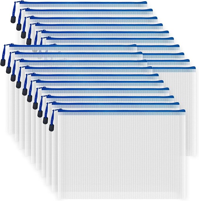 AUSTARK 20 Pcs Zipper File Bags, Plastic Mesh Pouch, Board Game Storage Bag, Waterproof Bags for Office School (A4 Size 13.4''x9.4'', White and Blue)