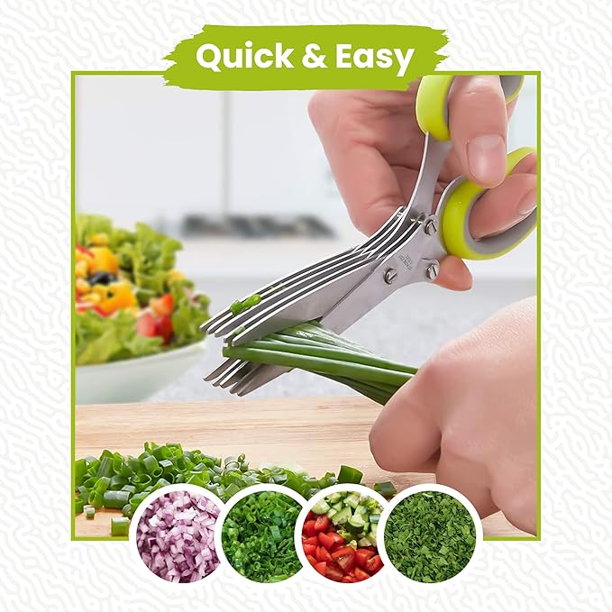 5-Blade Stainless Steel Herb Scissors Set with Vegetable Peeler, Shredder & Cleaning Comb – Multi-Use Herb Stripper for Chopping, Slicing, Shredding Kale and Fresh Herbs
