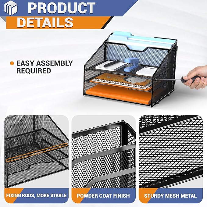 Letter Tray Organizer, Mesh Desk File Organizer with 3 Paper Trays and 2 Vertical Upright Section, Blank