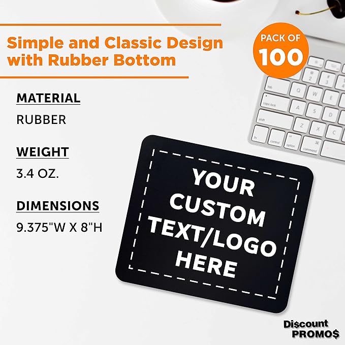 Custom Rectangle Mousepads Set of 100, Personalized Bulk Pack - Great Gift for Employees, Clients, and for Tradeshows - Black