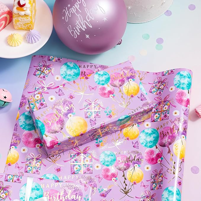 WRAPAHOLIC Purple Birthday Wrapping Paper - Mini Roll - 17 Inch x 16.5 Feet - Gold Foil Fantasy Purple Happy Birthday Paper for Kids, Girls, Women, Wedding, Bridal Shower