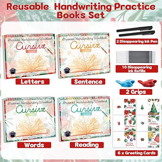 gisgfim 4 Pack Christmas Grooved Cursive Handwriting Practice with Greeting Card Disappearing Ink Pens Magic Reusable Grooved Cursive Writing Workbooks for Beginners Words Sentence Reading Letters
