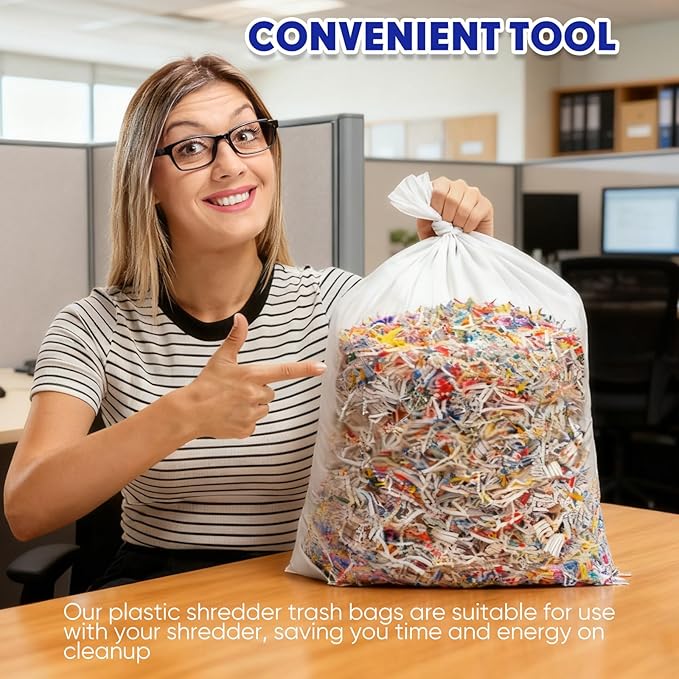 Baderke 100 Pcs Shredder Bags 8.5 Gallon Paper Shred Waste Bags 24 * 14'' White Clear Trash Can Liners Compatible with Shredders for Home Office Paper Trash, 1 Roll of 20 Bag