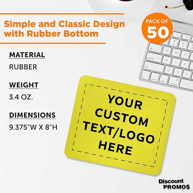 Custom Rectangle Mousepads Set of 50, Personalized Bulk Pack - Great Gift for Employees, Clients, and for Tradeshows - Yellow