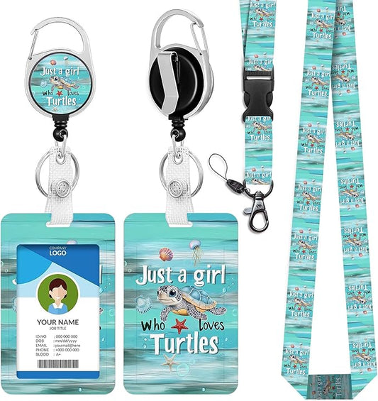 Sea Turtle Badge Holder with Breakaway Lanyard Retro Badge Clips Retractable Badge Reel, Funny Keychain Cruise Lanyard for Ship Cards，Cute ID Holder for Teacher Kid Student School Nurse Office