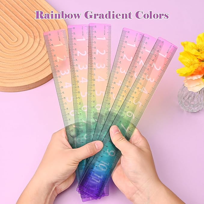 BAYTORY 6Pcs 12inch/30cm Acrylic Straight Rulers, Transparent Gradient Color Rulers, Shatterproof Rainbow Color Measure Stationery with Centimeters, for School Classroom Student (12inch/30cm)
