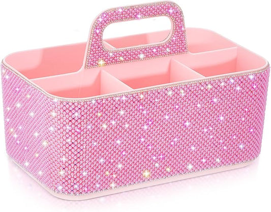 Marspark Bling Makeup Caddy Organizer with Handle, Sparkly Art Craft Holder, Glitter Bathroom Hair Caddy, Shimmer Pen Pencil Holder for Women Desk Organizer, Bling Gifts for Women(Pink,Pearl Diamond)