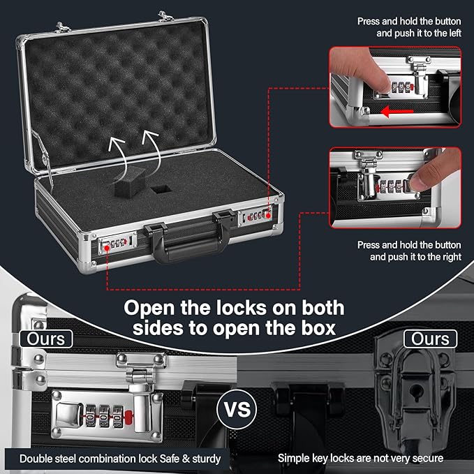 Security Lock Boxes - 14.2 x 9.4 x 4.5 Inch Medium, Portable Locking Storage Totes with Dual Combination Locks, Medicine Lock Box, Lock Boxes for Personal Items, Cash & Briefcase - Black
