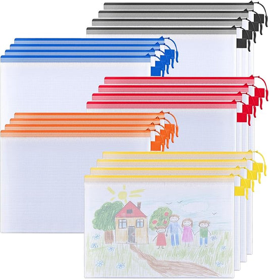 BALEINE 20PK Mesh Zipper Pouch Bags, Waterproof Clear Zipper Bags, Multiple Colors Plastic Mesh Bag File Bag for Organization, Suitable for Office Supplies, Home, Travel (20 PK, Letter Size)