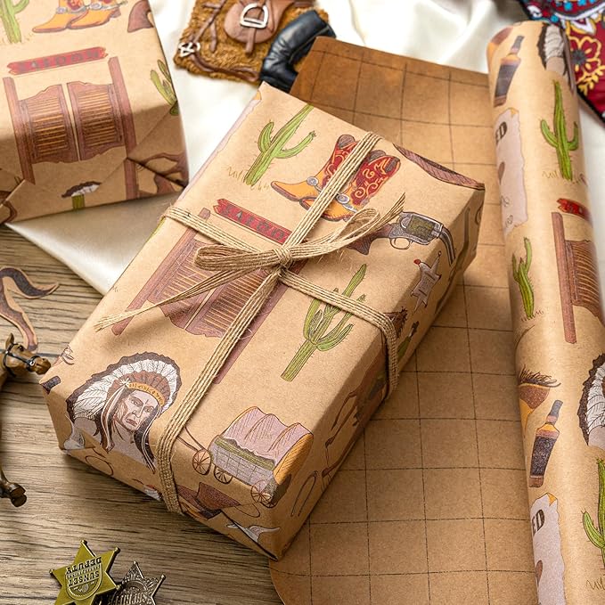 Homeral Rodeo Kraft Wrapping Paper Roll - 17In x 32.8Ft Old Wild West Style Gift Wrap with Cowboy & Horse & Wanted Poster Gift Wrap for Boys Birthday, Bachelor Party, Christmas, Farm Theme