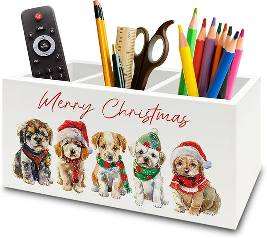 Merry Christmas Dog Pen Pencil Holder Organizer for Desk, Dog Lovers Mom Dad Gifts for Women Men, Pet Lover Gifts, Christmas Wooden Box Sign for Home Office Desk Tabletop Decorations