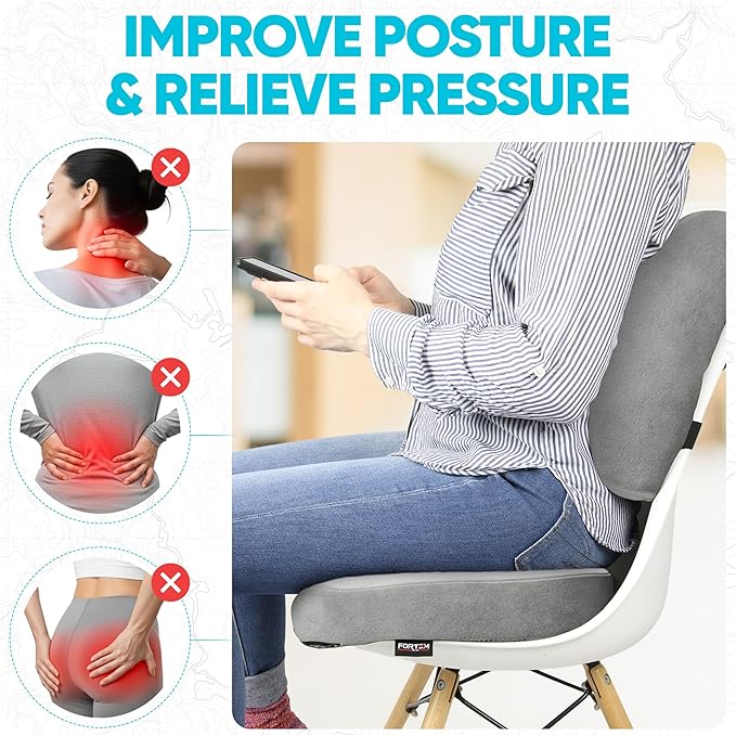 FORTEM Seat Cushion, Office Chair Cushion, Lumbar Support Pillow for Office Chair, Memory Foam Sciatica Coccyx Tailbone Pressure Pain Relief, Car Sitting Pad, Washable Non Slip, XL