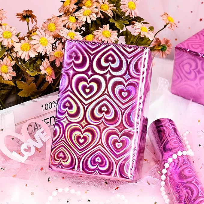 Yarcony Pink Wrapping Paper, Mini Roll, Holographic Hearts Wrapping Paper, Valentine's Day Present Paper for Lover Anniversary, Wedding, Mother's Day, Birthday, Romantic Occasions (17 Inch X 33 Feet)