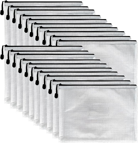 20 Pack Mesh Zipper Pouch Bags with Label Pocket, 13 x 9.37 in Black Plastic Zip File Folders Letter Size A4 Document Organizer, Waterproof Pencil Case for Travel Storage School Office Supplies