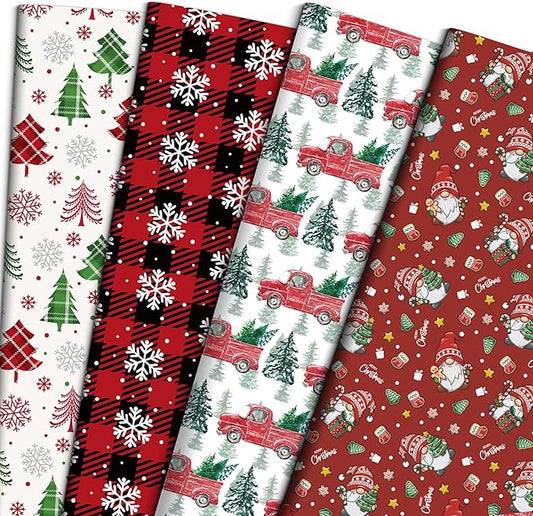 ZDSPIDE Christmas Wrapping Paper Set for Kids & Adults – 12 Folded Sheets (19.7" x 27.5"), 4 Festive Designs Featuring Christmas Tree, Red Truck, Gnome & Snowflake Scene
