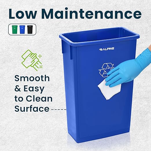 Alpine 23 Gallon Slim Recycling & Trash Bin Set – 3-Pack Blue/Black/Green Plastic Narrow Open-Top Garbage Cans for Office, Home, School & Commercial Use