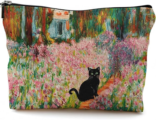 Abstract Floral Black Cat Makeup Bag, Black Cat Gifts Cosmetic Bags for Women, Cats Lover Lady Mom Grandma Gifts, Impressionism Flower Kitty Kitten Zipper Makeup Pouch