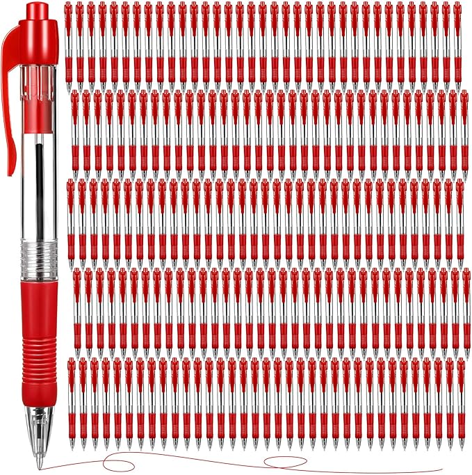 Fainne 200 Pack Retractable Ballpoint Pen 1.0 mm Medium Point Refillable Smooth Click Writing Pens With Grip for Work Journal Writing Office School Supplies (Red Ink)
