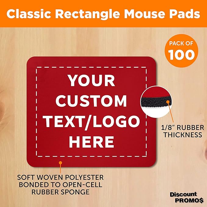 Custom Rectangle Mousepads Set of 100, Personalized Bulk Pack - Great Gift for Employees, Clients, and for Tradeshows - Red