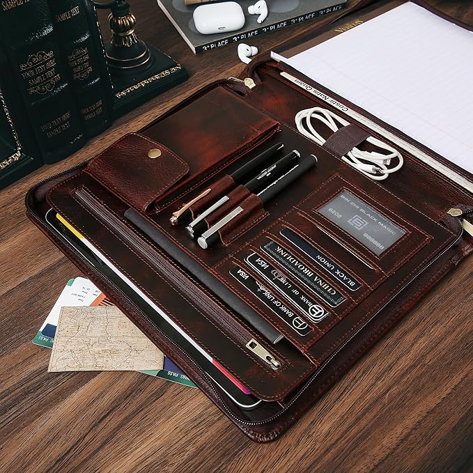 Genuine Leather Padfolio Organizer，Professional Business Portfolio Padfolio Folder with Zipper for Men and Women，13×10 inch Customized Leather Padfolio——Reddish-Brown