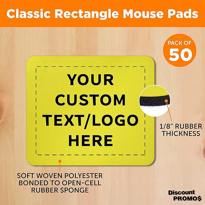 Custom Rectangle Mousepads Set of 50, Personalized Bulk Pack - Great Gift for Employees, Clients, and for Tradeshows - Yellow