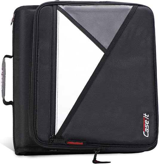 Case-it The Universal 2.0 Zipper Binder -1.5 Inch D-Ring - Removable Padded Pocket Holds Up to 13" Laptop/Tablet - Multiple Pockets - 350 Page Capacity - Comes with Shoulder Strap - Jet Black LT-207