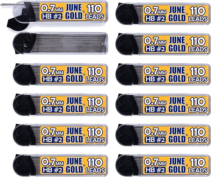 June Gold 1320 Pieces, 0.7 mm HB #2 Lead Refills, 12 Dispensers, 110 Pieces Per Dispenser, Medium Thickness, Break Resistant Lead/Graphite