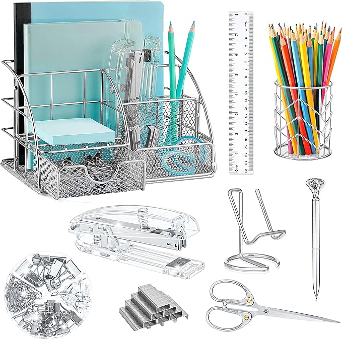 Silver Desk Organizers and Accessories Office Supplies Set Stapler, Pen Holder, Phone Holder, Scissors, Pen, Ruler, 30 Paper Clips, 22 Binder Clip, 20 Tacks and 1000pcs Staples