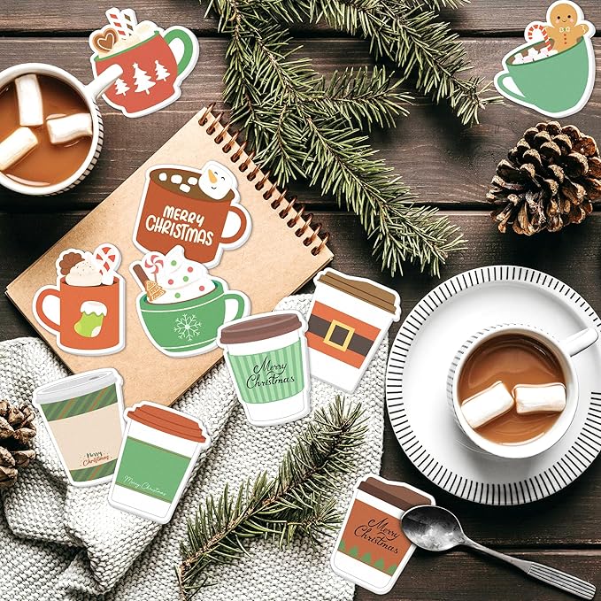 Xqumoi 30 Pack Christmas Coffee Cup Sticky Notes - Xmas Tree Stocking Self Sticky Notepads Self-Adhesive Writing Memo Pads for Latte Lover Gift Office School Supplies Party Favors Goodies Bag Fillers