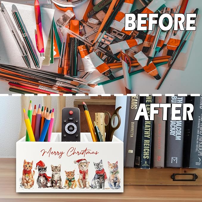 Merry Christmas Dog Pen Pencil Holder Organizer for Desk, Cat Lovers Lady Mom Dad Gifts for Women Men, Pet Lover Gifts, Christmas Wooden Box Sign for Home Office Desk Tabletop Decorations